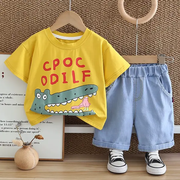 【12M-5Y】2-piece Boys Casual Croc Print Short Sleeve T-shirt And Denim Shorts Set - Popopieshop.com 
