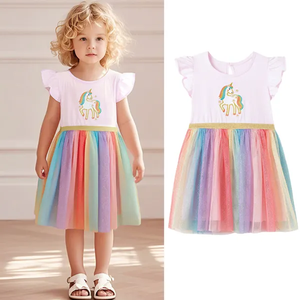 【18M-7Y】Girls Sweet Unicorn Embroidery Splicing Rainbow Mesh Ruffle Dress - Popopieshop.com 