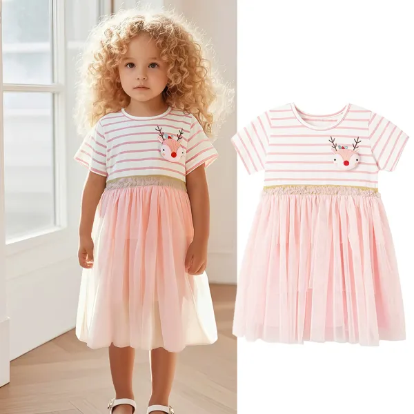 【18M-7Y】Girls Cute Pink Striped Multi-layered Mesh Short Sleeve Dress - Popopieshop.com 