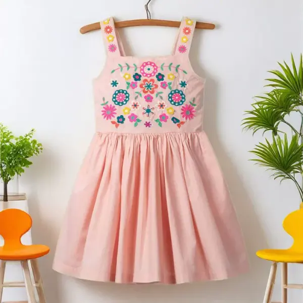 【18M-7Y】Girls Sweet Floral Embroidery Suspender Dress - Popopieshop.com 