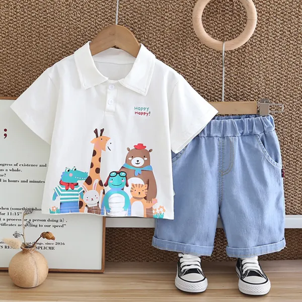 【12M-5Y】2-piece Boys Casual Cartoon Animal Print Short Sleeve POLO And Denim Shorts Set - Popopie.com 