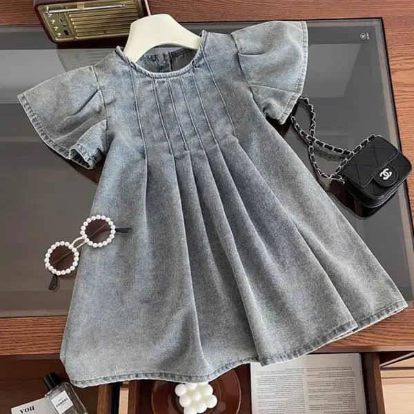 【18M-10Y】Girls Blue Denim Short Sleeve Dress - Popopieshop.com 