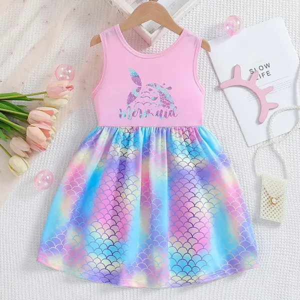 【1Y-8Y】Girls Pink Mermaid Print Sleeveless Dress - Popopieshop.com 