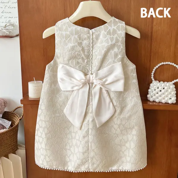 【18M-8Y】Girls White Heart Jacquard Pearl Bow Sleeveless Dress - Popopieshop.com 
