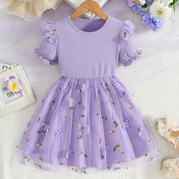 【1Y-8Y】Girls Purple Floral Embroidered Mesh Short Sleeve Dress - Popopieshop.com 