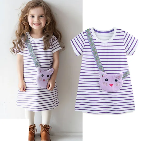 【1Y-7Y】Girls Cute Purple Striped Cat Bag Fake-two-piece Short Sleeve Dress - Popopieshop.com 