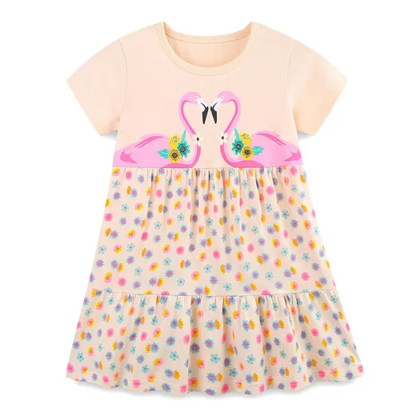 【1Y-7Y】Girls Cute Flamingo And Floral Print Short Sleeve Dress - Popopieshop.com 