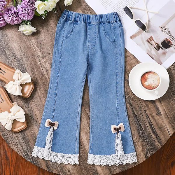 【12M-5Y】Girls Sweet Fashion Bow And Lace Design Blue Jeans - Popopieshop.com 
