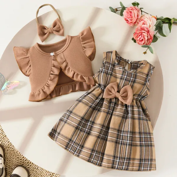 【6M-3Y】3-piece Girl Cute Khaki Plaid Dress And Ruffle Cardigan Set With Bow Hairband - Popopieshop.com 