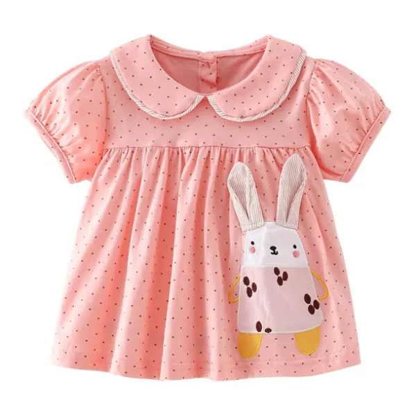 【2Y-10Y】Girls Cute Polka Dot Printed Bunny Embroidered Orange Pink Lapel Bubble Sleeve T-shirt Easter Outfit - Popopieshop.com 