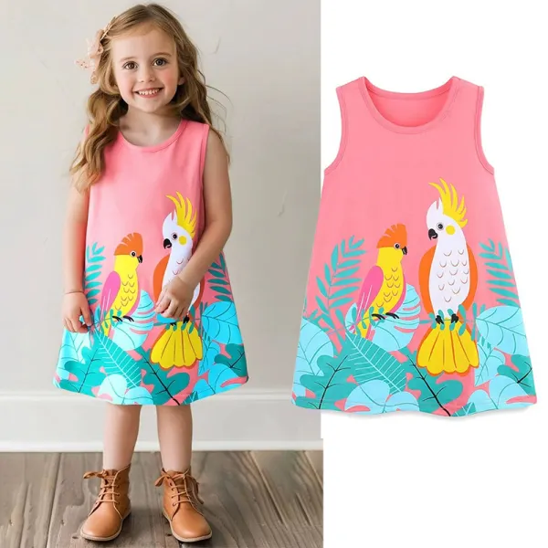 【1Y-7Y】Girls Cute Parrot And Botanical Print Sleeveless Pink Dress - Popopieshop.com 