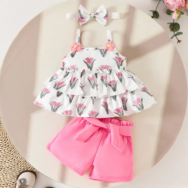 【3M-3Y】3-piece Girl Cute Floral Print Camisole Top And Pink Shorts Set With Bow Hairband - Popopieshop.com 