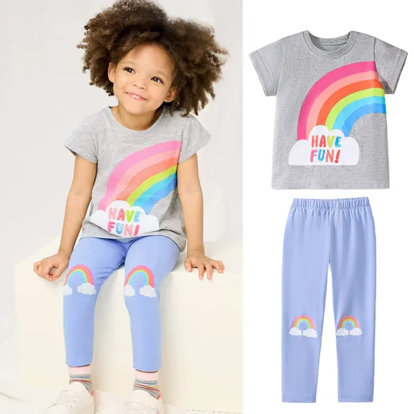 【18M-7Y】2-piece Girls Casual Cotton Rainbow Print Short Sleeve T-shirt And Pants Set - Popopieshop.com 