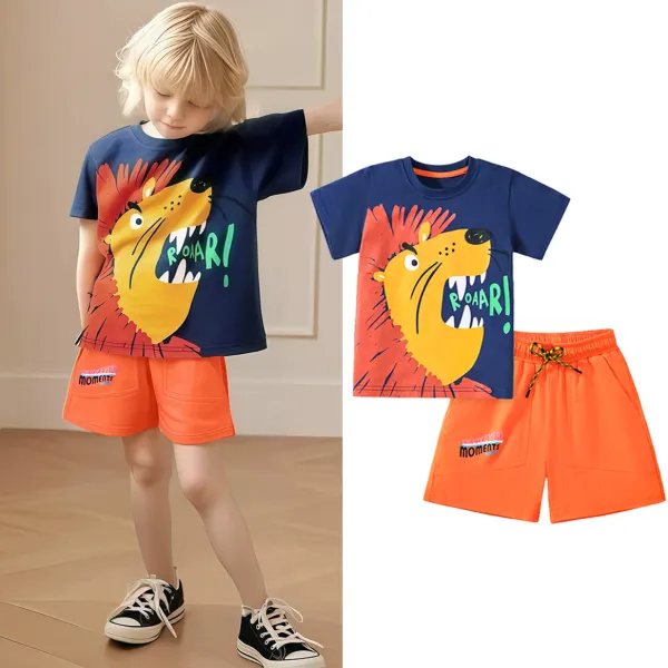 【18M-7Y】2-piece Boy Casual Cotton Lion Print Short Sleeve T-shirt And Shorts Set - Popopieshop.com 