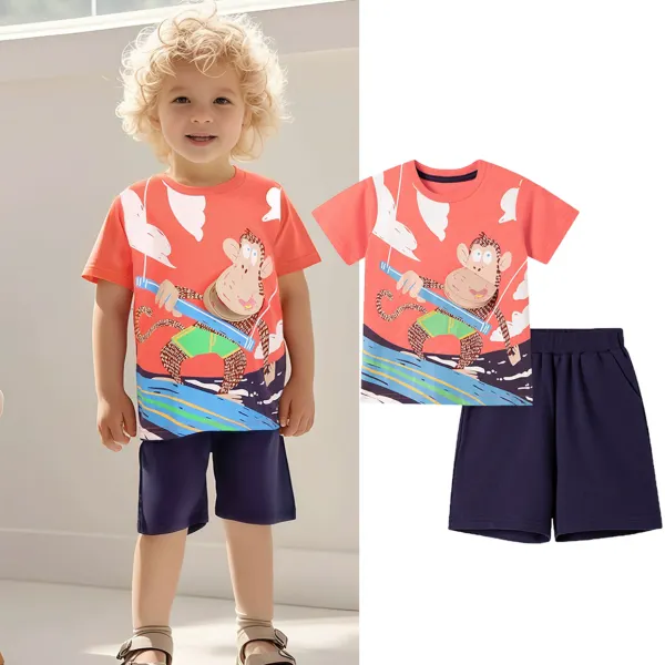 【18M-7Y】2-piece Boys Casual Cotton Funny Monkey Print Short Sleeve T-shirt And Shorts Set - Popopieshop.com 