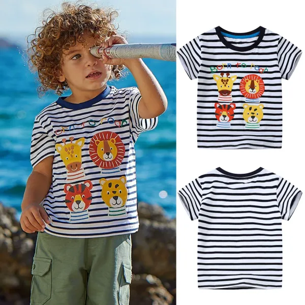 【18M-7Y】Boys Casual Striped Tiger And Lion Embroidered Short Sleeve T-shirt - Popopieshop.com 