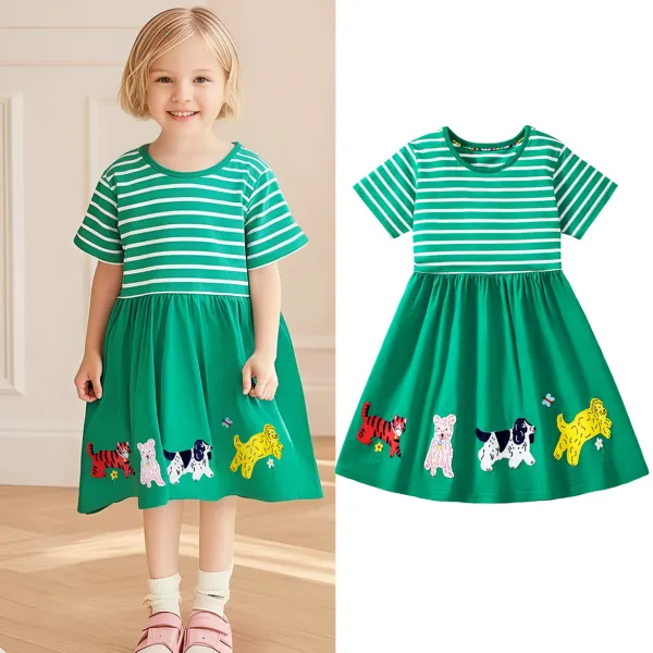 【18M-7Y】Girls Cute Cotton Green Animal Embroidery Short Sleeve Dress - Popopieshop.com 