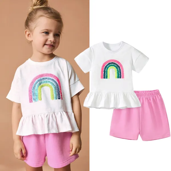 【18M-7Y】2-piece Girls Casual Rainbow Sequin Embroidery Ruffle Short Sleeve T-shirt And Shorts Set - Popopieshop.com 