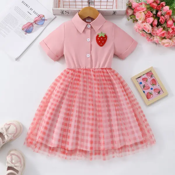 【2Y-7Y】Girls Sweet Strawberry Embroidery Splicing Plaid Mesh Lapel Short Sleeve Dress - Popopieshop.com 