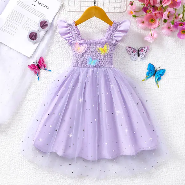 【2Y-7Y】Girls Sweet Purple Ruffle Butterfly Multi-layered Tulle Dress - Popopieshop.com 