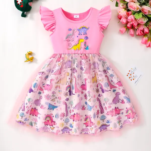 【2Y-7Y】Girls Sweet Pink Cute Dinosaur Print Ruffled Splicing Mesh Dress - Popopieshop.com 
