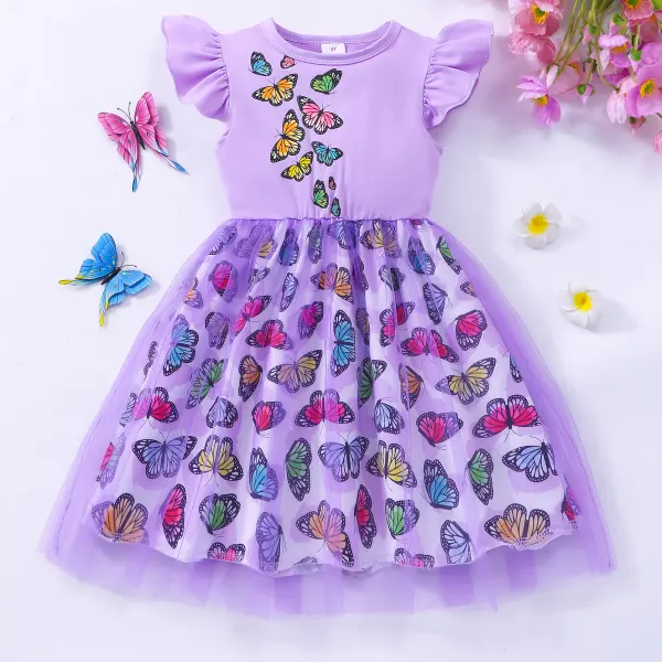 【2Y-7Y】Girls Sweet Colorful Butterfly Printed Ruffled Spliced ​​Mesh Dress - Popopieshop.com 
