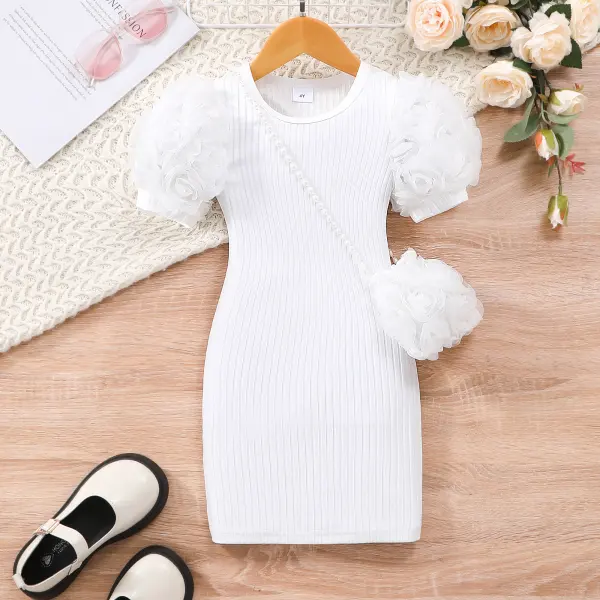 【2Y-7Y】2-piece Girls Fashion White Puff Sleeve Bodycon Dress With Crossbody Bag - Popopieshop.com 