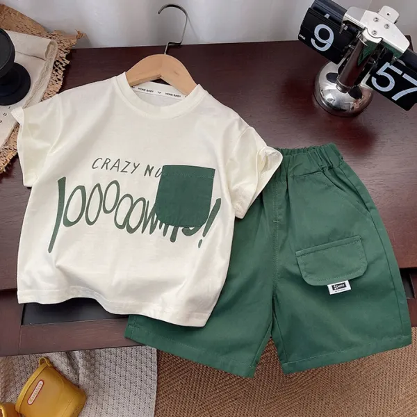 【12M-5Y】2-piece Boys Casual Letter Printed Beige T-shirt And Green Shorts Set - Popopieshop.com 