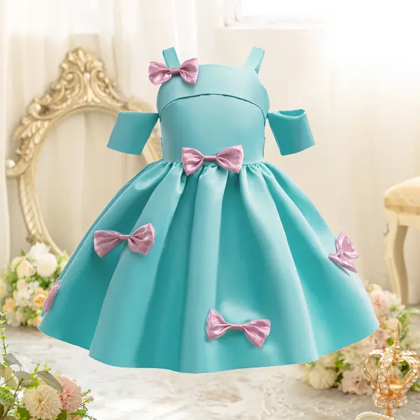 【2Y-10Y】Girls Sweet Elegant Pink Bow Design Lake Blue Off Shoulder Party Dress Pair Evening Gown - Popopieshop.com 