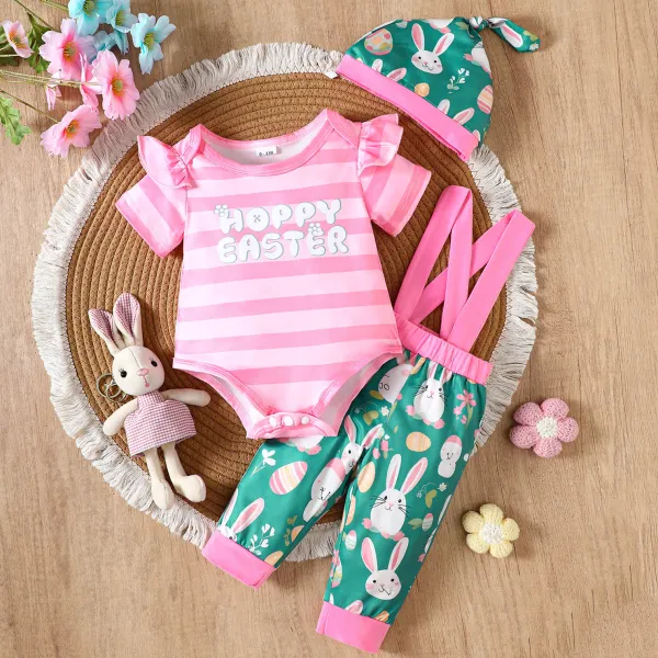 【0M-18M】3-piece Baby Girl Cute Letter And Bunny Print Romper And Bib Pants Set With Hat Easter Outfit - Popopieshop.com 