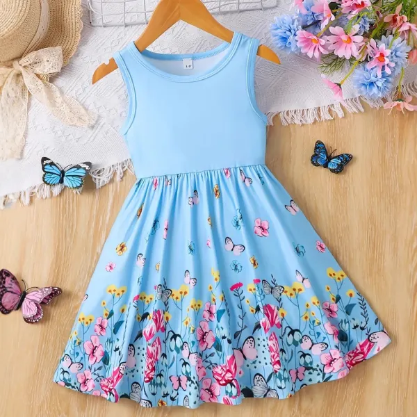 【1Y-8Y】Girls Sweetheart Butterfly And Flower Print Blue Sleeveless Dress - Popopie.com 