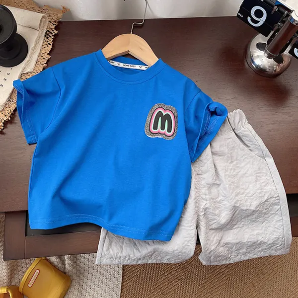 【12M-5Y】2-piece Boys Casual Letter Printed Blue Base T-shirt And Gray Shorts Set - Popopieshop.com 