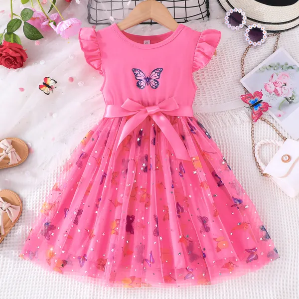 【3Y-7Y】Girls Sweet And Stylish Butterfly Print Rose Dress - Popopieshop.com 
