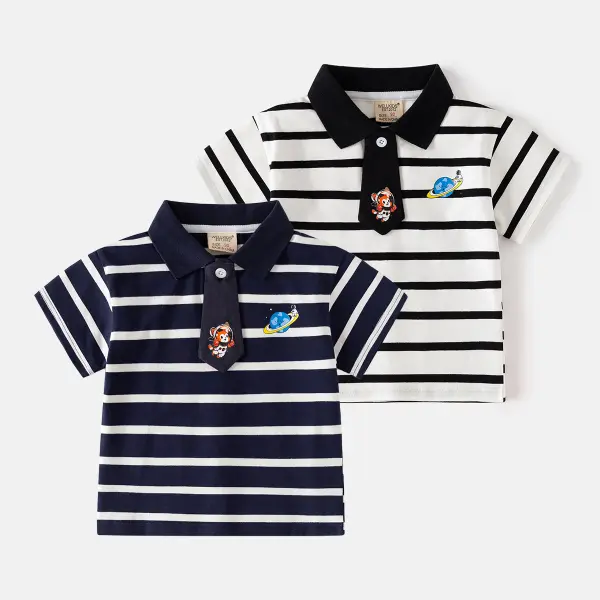 【18M-6Y】Boys Casual Striped Space Theme Print Short Sleeve Polo Shirt - Popopieshop.com 