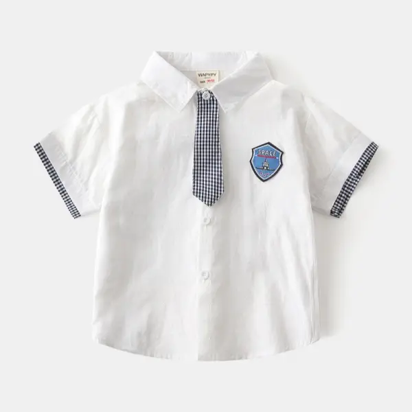 【18M-8Y】Boys Casual Letter Embroidered Short Sleeve Shirt With Free Tie - Popopieshop.com 