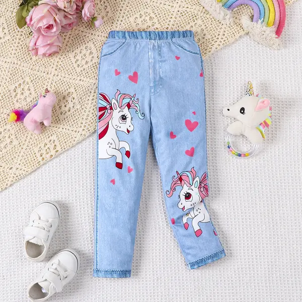 【18M-6Y】Girls Cute Unicorn And Heart Shape Print Blue Knit Leggings - Popopie.com 
