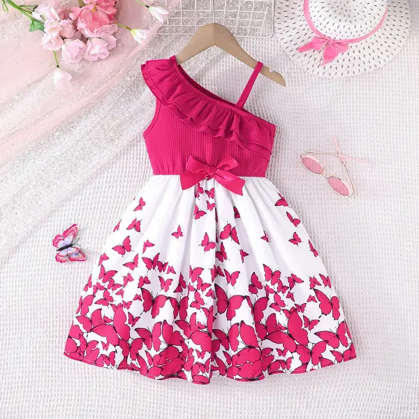 【3Y-8Y】Girls Cute Butterfly Print Rose One Shoulder Dress - Popopieshop.com 
