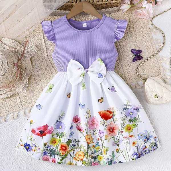 【3Y-8Y】Girls Sweet Floral And Butterfly Print Purple Dress - Popopieshop.com 