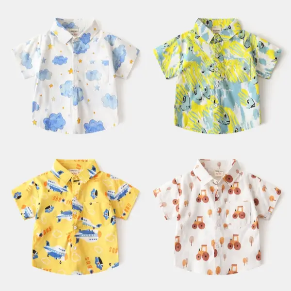 【18M-8Y】Boys Casual Cloud And Airplane Print Short Sleeve Shirt - Popopieshop.com 
