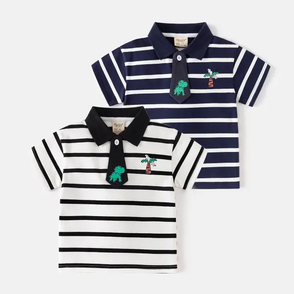 【18M-6Y】Boys Casual Striped Dinosaur Print Short Sleeve Polo Shirt - Popopieshop.com 