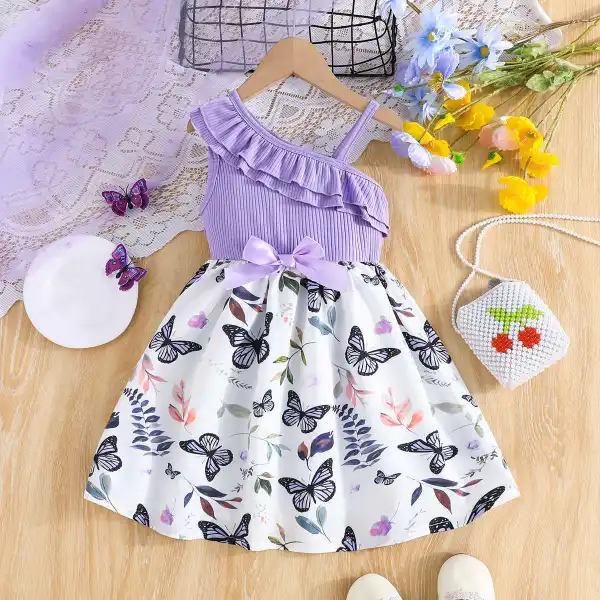 【3Y-8Y】Girls Cute Floral And Butterfly Print Purple One Shoulder Dress - Popopieshop.com 
