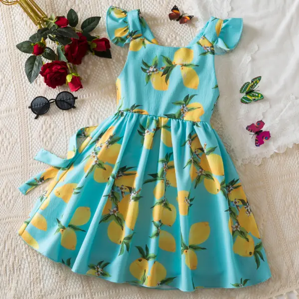 【2Y-7Y】Girls Sweet Holiday Lemon Print Ruffle Sleeveless Dress - Popopieshop.com 