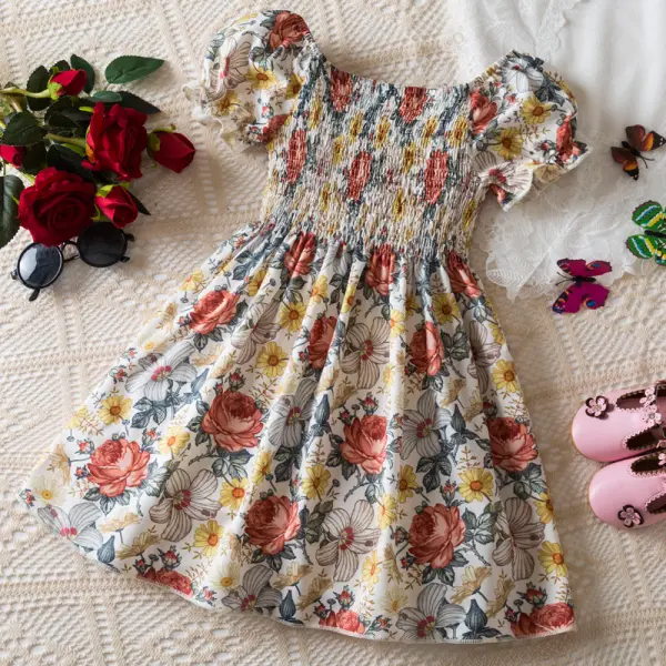 【18M-6Y】Girls Sweet Holiday Floral Puff Sleeve Dress - Popopieshop.com 