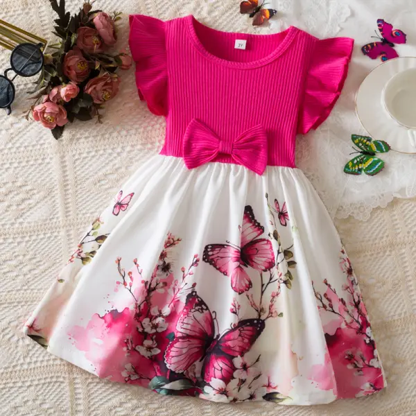 【2Y-7Y】Girls Sweet Bowknot Splicing Butterfly Floral Dress - Popopieshop.com 