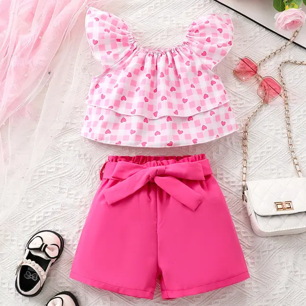 【2Y-7Y】2-piece Girls Sweet Pink Plaid Heart Print Ruffle Top And Shorts Set - Popopieshop.com 