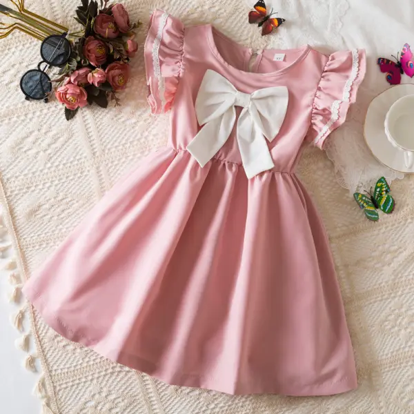 【2Y-7Y】Girls Sweet Solid Color Bow Ruffle Dress - Popopieshop.com 