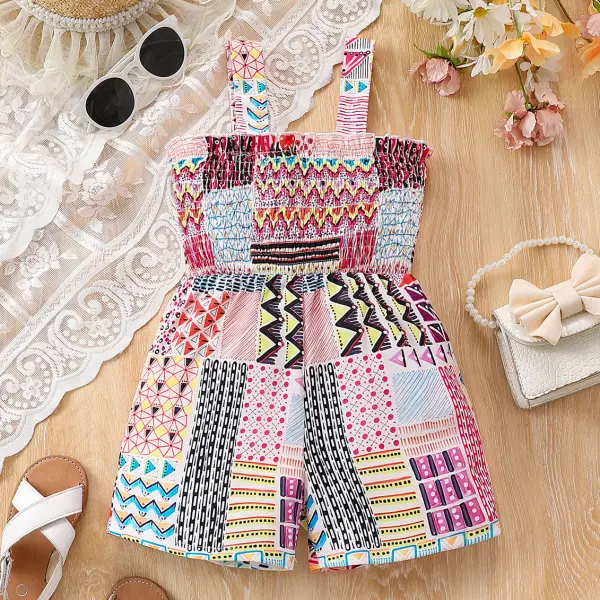 【2Y-7Y】Girls Sweet Colorful Geometric Print Suspender Jumpsuit - Popopieshop.com 
