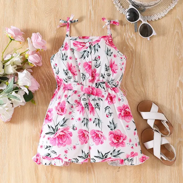 【2Y-7Y】Girls Sweet Pink Floral Ruffle Suspender Jumpsuit - Popopieshop.com 
