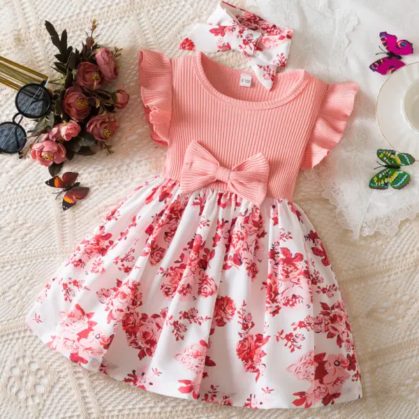 【9M-3Y】2-piece Girl Sweet Bowknot Splicing Floral Dress With Hairband - Popopieshop.com 