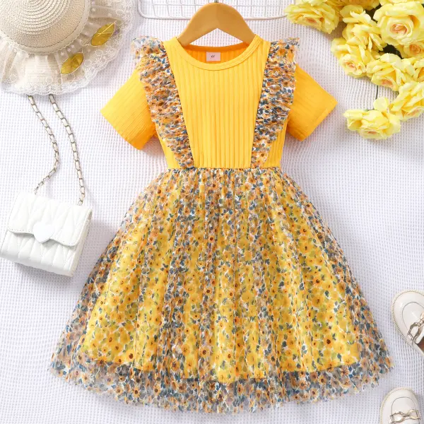 【2Y-7Y】Girls Sweet Yellow Floral Mesh Short Sleeve Dress - Popopieshop.com 
